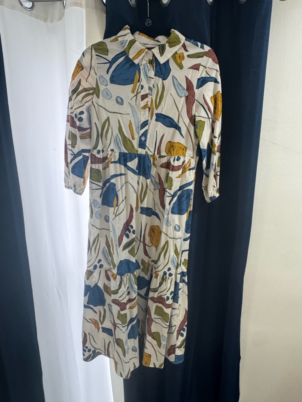 Rachel Zoe Cream Midi Shirt Dress with Blue, Green & Mustard Print